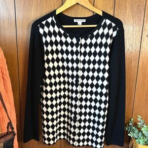 Pendleton Womens‎ Cardigan Sweater Large Black White Argyle 100% Merino Wool